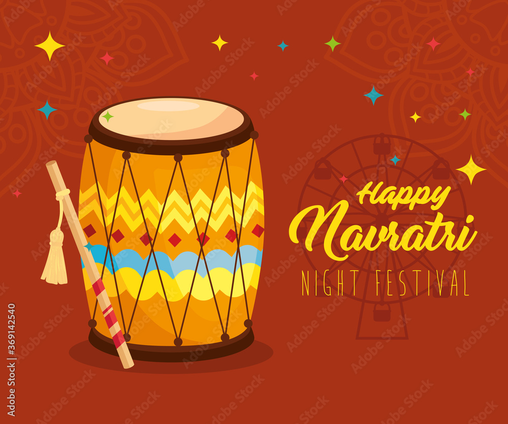 night festival, happy navratri celebration poster, with drum
