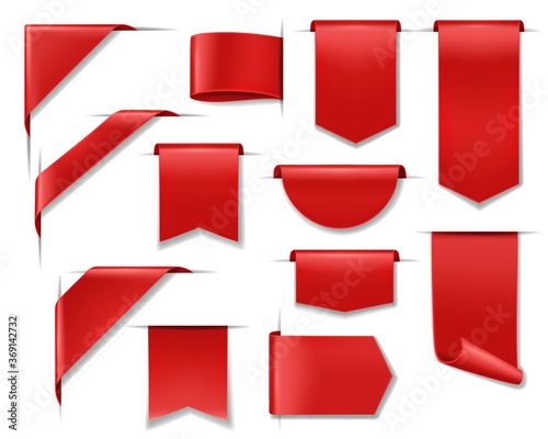 Sale banners, labels, ribbon price tags and stickers, vector red discount offer badges. 3D sale banners and blank ribbons labels, web corners for product promotion and online shop price offers
