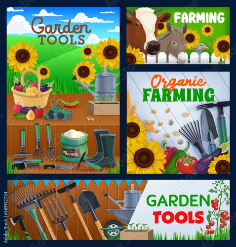 Farming and gardening tools, vector banners. Agriculture, poultry and cattle farm, farmer equipment rakes, plant secateurs and spade, hack and sickle. Fruits, vegetables harvest and cow