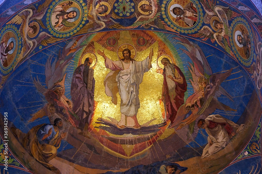 Jesus Christ mosaic in orthodox Church of the Savior temple, Saint Petersburg, Russia