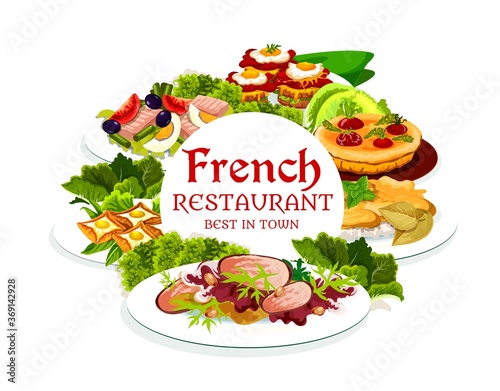 France cuisine, vector breton pancakes, cabbage stuffed with meat, quiche with tomatoes, sandwich croc madame, tuna salad with tomato, olives and eggs. French meals, food dishes round frame, poster