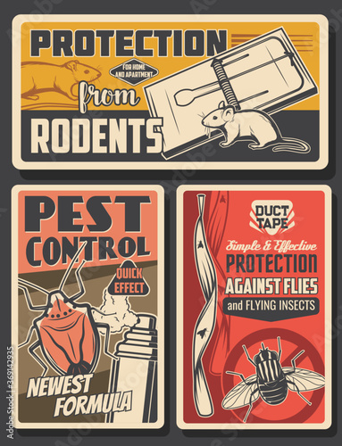 Pest control insects and rodents extermination service, house disinsection. Vector flies, rats, mice and bugs fumigation. Domestic disinfestation, insects and pest control vintage retro posters set