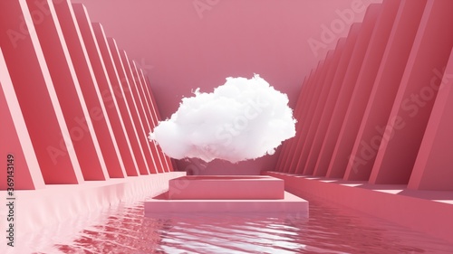 3d render, abstract urban minimal background. White cloud levitate above the pedestal in the middle of the pool with water. Modern architecture. Pink fashion wallpaper