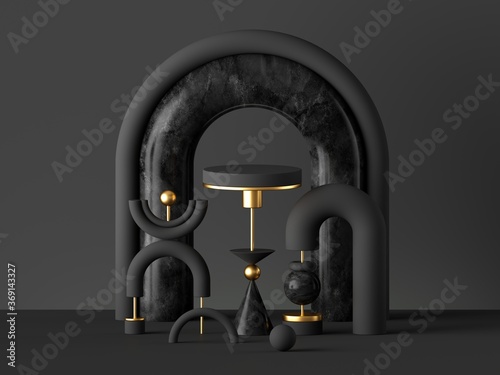 3d abstract black gold background. Black gold isolated primitive geometrical shapes. Cone ball cylinder torus  blank pedestal or podium. Constructor toys. Digital design  modern urban concept