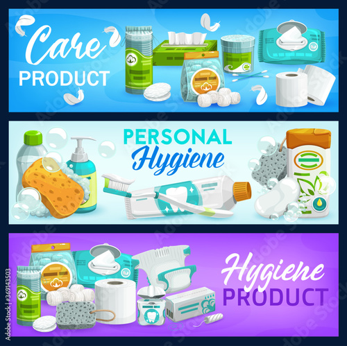 Hygiene, care products. Vector soap, toilet paper and shampoo, brush, toothpaste and cleansing wipes, liquid lather bottle, shower gel. Body and health care cosmetics, personal hygiene, daily care