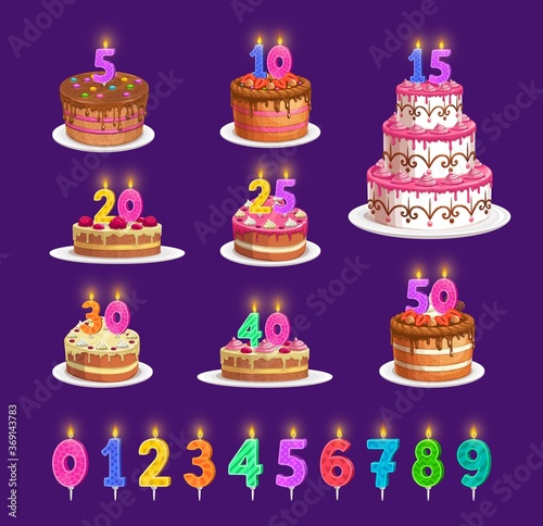 Candles on birthday cake with number age, vector celebration party icons. Happy birthday cupcake and striped candles with fire light red, blue, orange yellow and green, anniversary candlelight