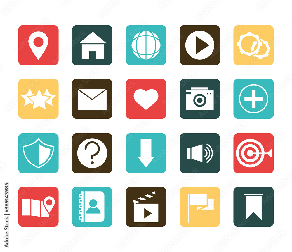 mobile application pointer gps homepage video camera support, web button menu digital flat style icons set mobile application pointer gps homepage video camera support, web button menu digital flat style icons set