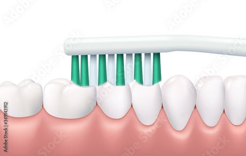 Teeth and gums brushing, 3d vector tooth brush cleaning white healthy teeth. Realistic stomatological procedure, oral health. Tooth protection, caries prevention dental clinic service, hygiene routine