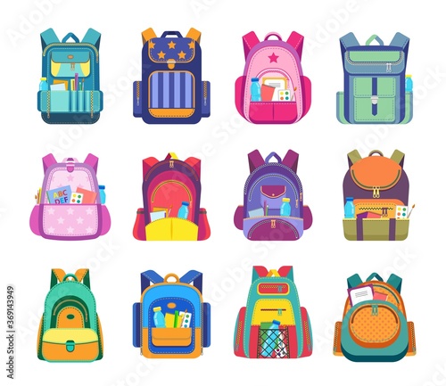 School bag and backpack isolated vector icons of student rucksack and knapsack with education equipment and supplies. Pupil schoolbags with zipper pockets and shoulder straps, books, pens, notebooks