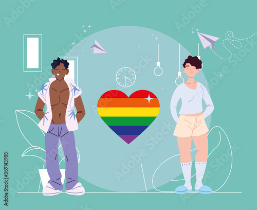 woman and black man cartoons with lgbti heart vector design