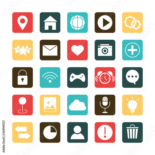 mobile application homepage email like camera wifi internet, web button menu digital flat style icons set