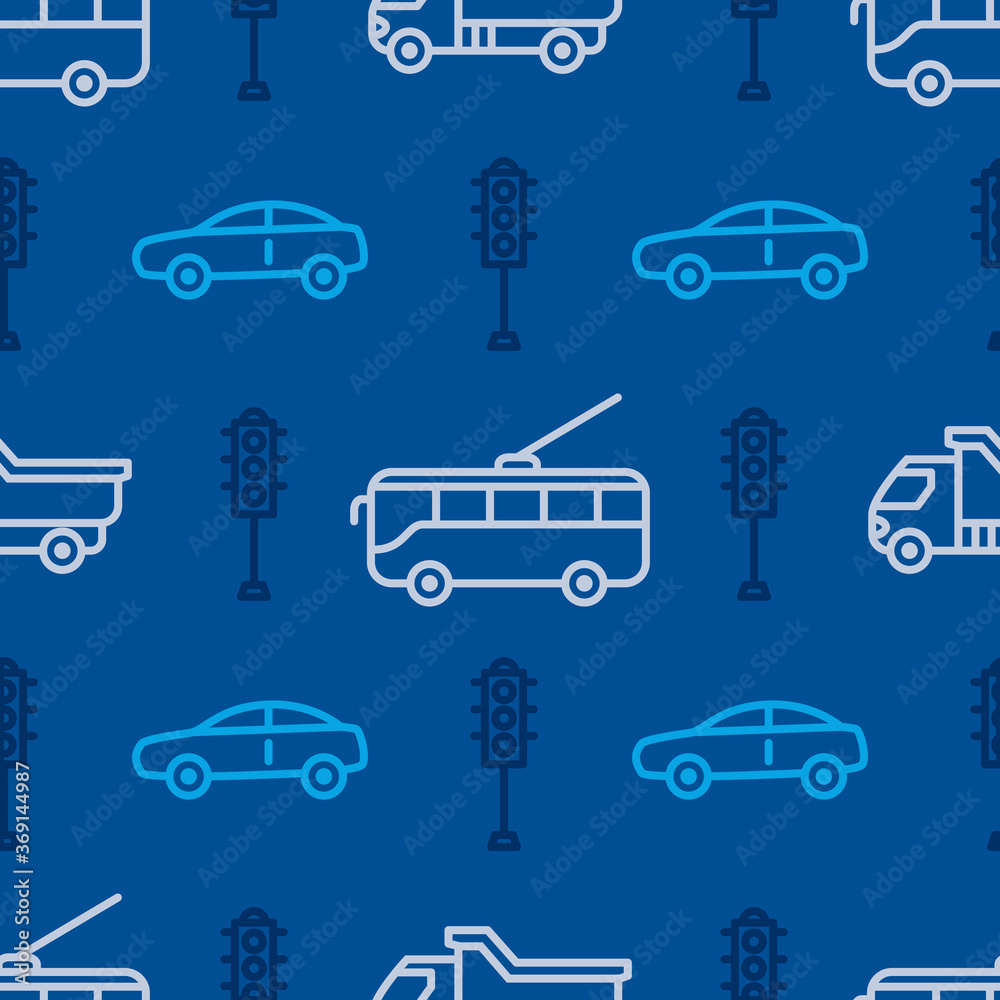 Seamless pattern with car and tram icons. Road traffic background Seamless pattern with car and tram icons. Road traffic background