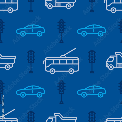Seamless pattern with car and tram icons. Road traffic background