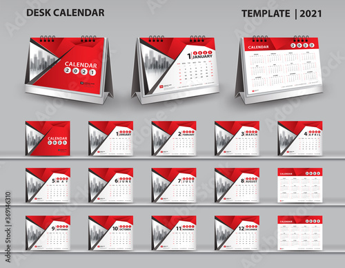 Set Desk Calendar 2021 template vector and desk calendar 3d mockup, Calendar 2022-2023 template design, Red cover design, Set of 12 Months, Week starts Sunday, Stationery.