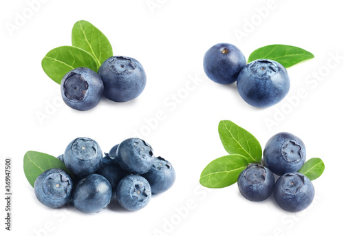 Set of fresh blueberries on white background
