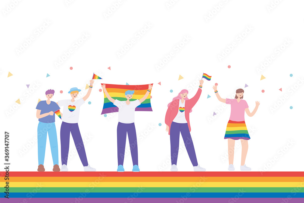 Fototapeta premium LGBTQ community, celebrating group young people with heart flag clothes with rainbow, gay parade sexual discrimination protest