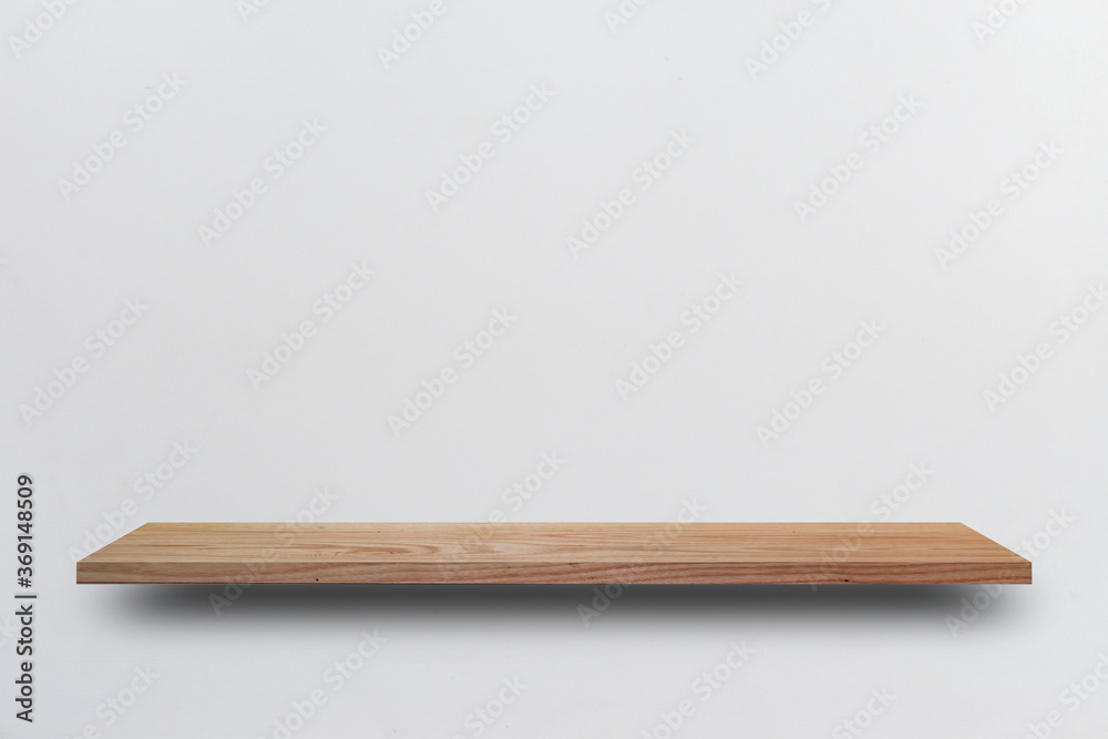 Front view empty wooden shelf and grey wall. Design concept Front view empty wooden shelf and grey wall. Design concept