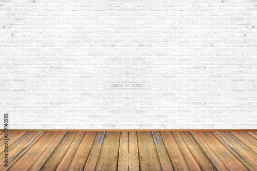 Empty living room with wooden floor and white painted brick wall background. For design interior.