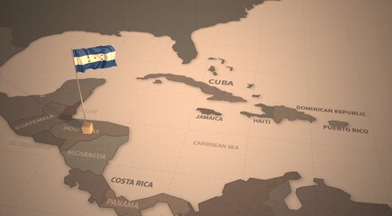 Flag on the map of honduras.
Vintage Map and Flag of Central America, Caribbean Countries Series 3D Rendering
