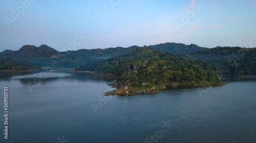 Aerial view  camp on the edge of a Sermo reservoir during the dry season in the morning.