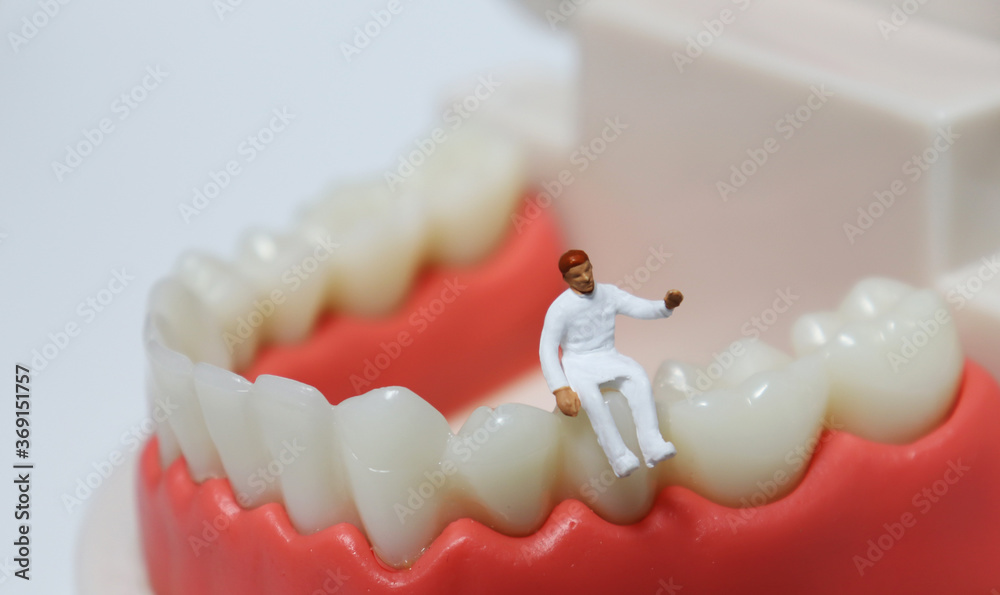 Fototapeta premium A miniature doctor sitting on a tooth model. 