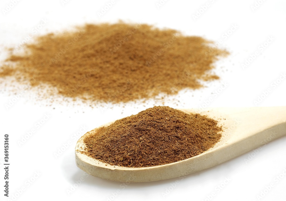 CINNAMON POWDER cinnamomum zeylanicum AGAINST WHITE BACKGROUND CINNAMON POWDER cinnamomum zeylanicum AGAINST WHITE BACKGROUND