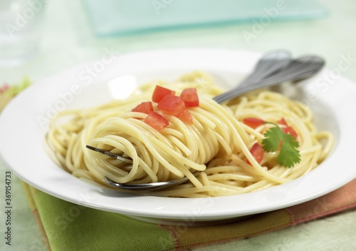 PLATE WITH SPAGHETTI PASTA, TOMATO AND PARSLEY