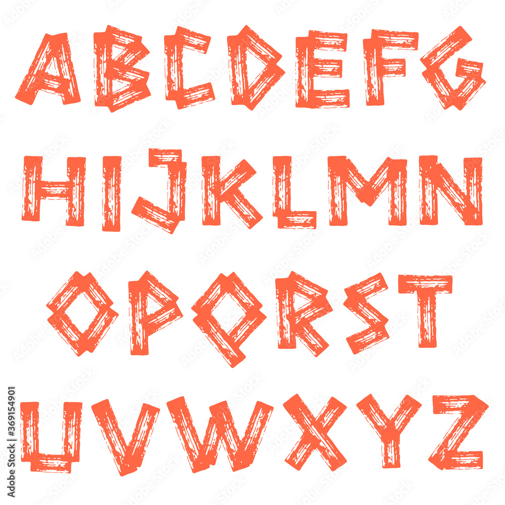 Dry brush grungy hand-drawn alphabet. Decorative wide letters, thick straight strokes.