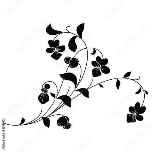Stylized branch of viola tricolor plant. Pansy wildflower. Folk style. Cute floral motif. Black and white silhouette.