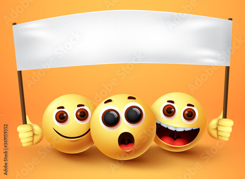 Emoji smiley character vector background. Smiley emoji of funny smile and happy facial expressions holding white empty blank space for text. Vector illustration.
