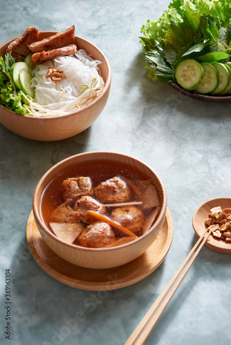 bun cha, grilled pork rice noodles and herbs, vietnamese cuisine photo