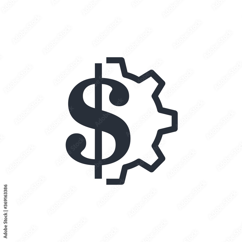 Dollar and gear. Earnings. Vector linear icon isolated on white background.