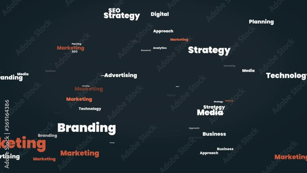 Marketing word cloud - Group of marketing related words - business SEO media advertising research strategy technology digital approach planning analytics branding words. Computer illustration.