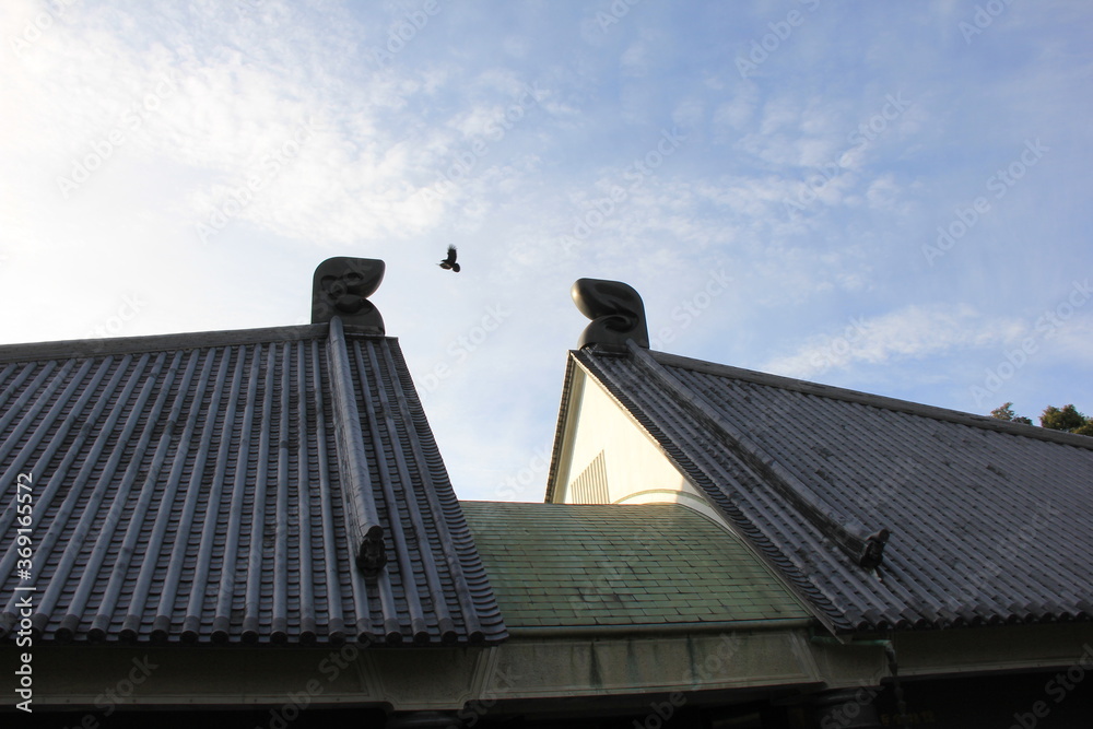 屋根の上の飾り(鴟尾)から飾り(鴟尾)にカラスが飛び移る瞬間