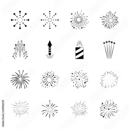 icon set of fireworks rocket and bursts, silhouette style
