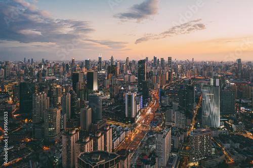 high angle view of modern buildings against sky during sunset,Shanghai photo