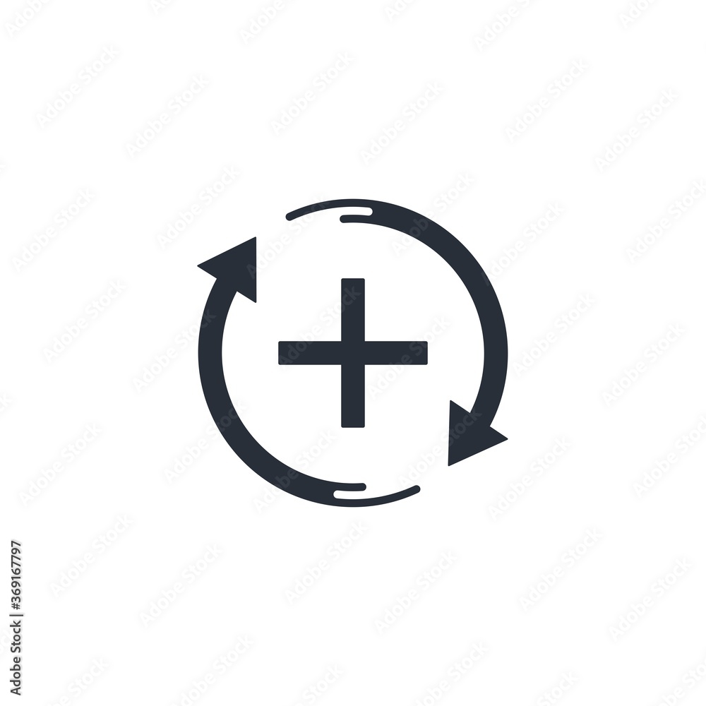 Rotation arrows and plus. Continuation. Vector icon isolated on white background. Rotation arrows and plus. Continuation. Vector icon isolated on white background.