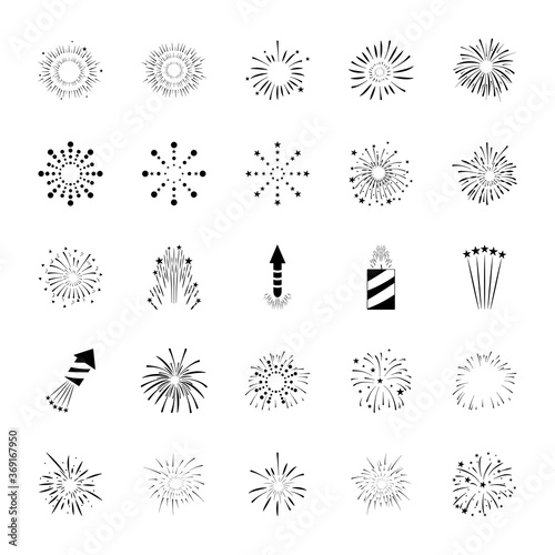 icon set of round burst of fireworks, silhouette style
