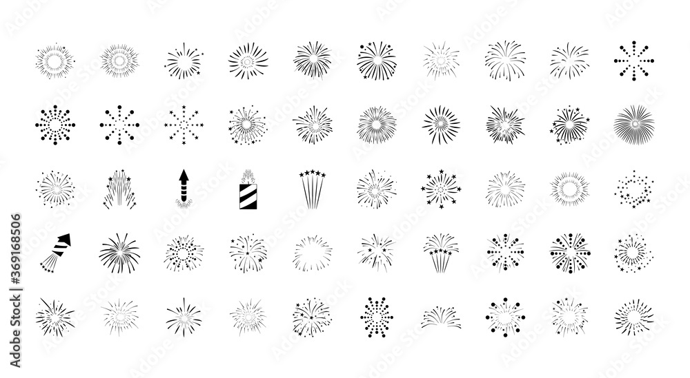 icon set of fireworks, silhouette style