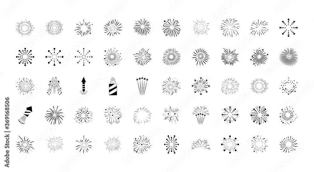 icon set of fireworks, silhouette style icon set of fireworks, silhouette style