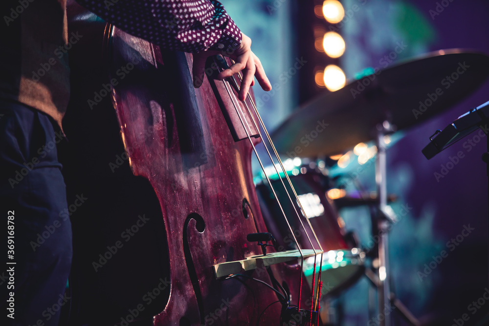 Concert view of a contrabass violoncello player with vocalist and musical during jazz orchestra band performing music, violoncellist cello player on stage - obrazy, fototapety, plakaty 