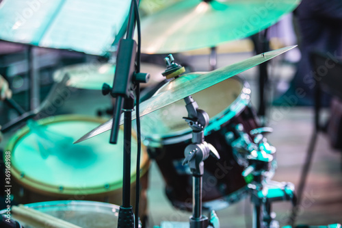 Canvas Print Drummer percussionist performing on a stage with drum set kit during jazz rock s