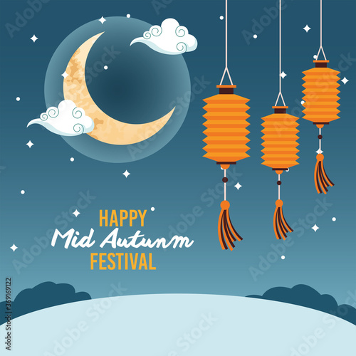 happy mid autumn festival with moon and lanterns hanging