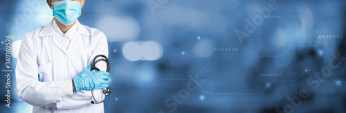 Doctor Man on blur hospital laboratory panoramic blue background. COVID-19 virus epidemic outbreak to Coronavirus pandemic disease global recession wide concept for social scientist vaccine