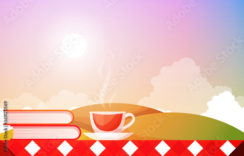 Cups of Tea on Table in Outdoor Nature Landscape Sky View Illustration