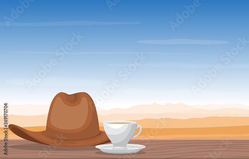 A Cup of Tea and Cowboy Hat in Desert Landscape View Illustration