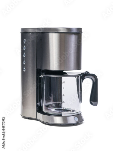 Drip coffee maker with a glass container isolated on a white background.
