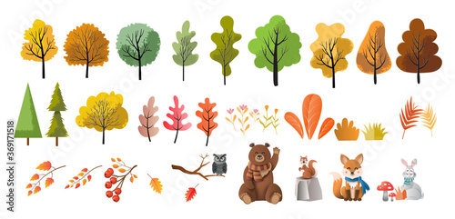 Set of trees, flowers, and animals, paper art style, flat-style vector illustration.