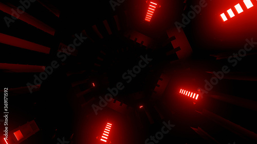 Illustration graphic abstract energy tunnel looping with cinematic red lighting in space. seamless loop flying into spaceship tunnel, sci-fi spaceship. Futuristic technology 3D render VJ.