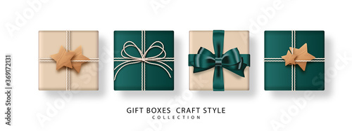 Set of gifts box. Collection of craft-style gift presents isolated on white background. Top view. Design elements for decorative. Vector illustration.